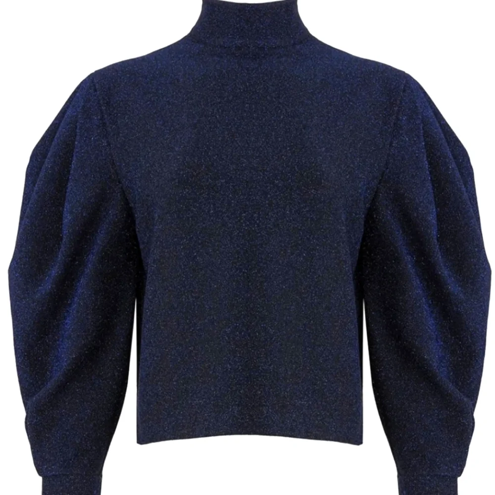 PatBo Metallic Navy Lurex Puff Sleeve Turtleneck Top Holiday Cocktail Party XS